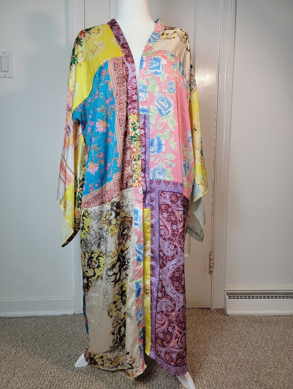 Intimately Free People M/L Patched W/Love Floral Satin Robe Kimono Duster NWT